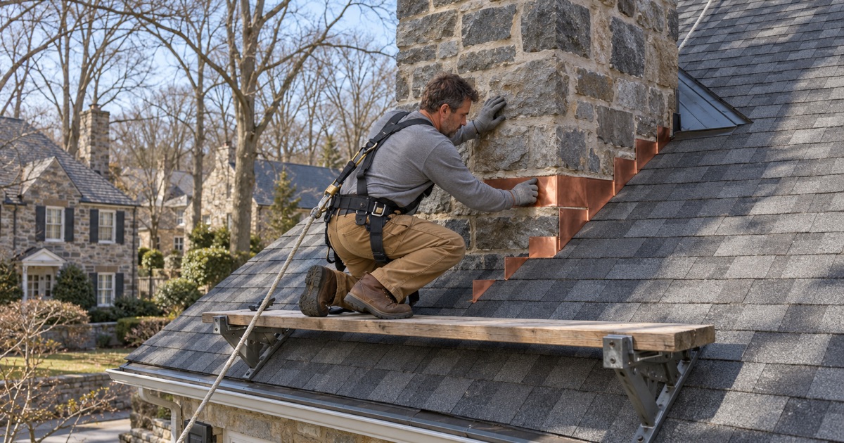 New counter flashing set into a cut mortar joint on the stone chimney of a 1920s colonial in Haverford, Lower Merion Township.