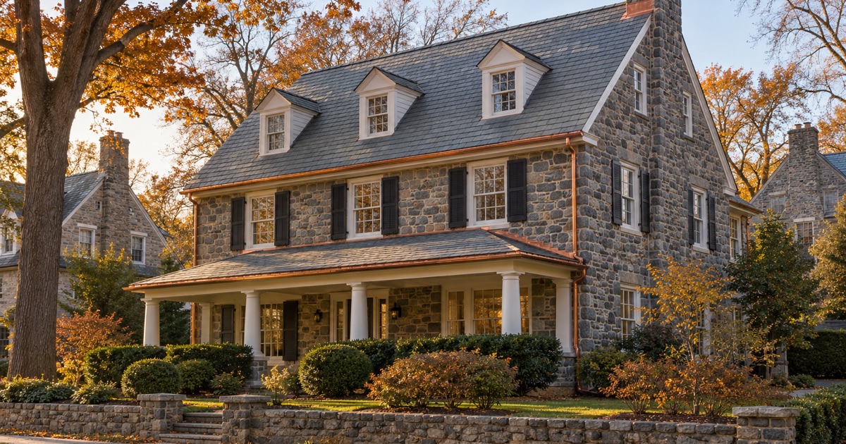 A finished slate roof and copper gutters on a 1920s stone colonial in Lower Merion Township in late afternoon light.