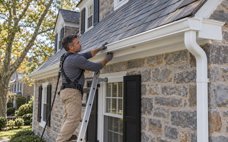 A seamless aluminum gutter being set into its hidden hangers along the eave of a stone house in Bryn Mawr, Lower Merion Township.