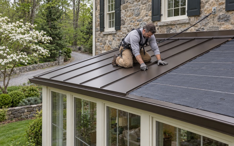 Standing-seam steel going on the low-pitch roof of a sunroom addition on a stone farmhouse-style house in Gladwyne, Lower Merion Township.