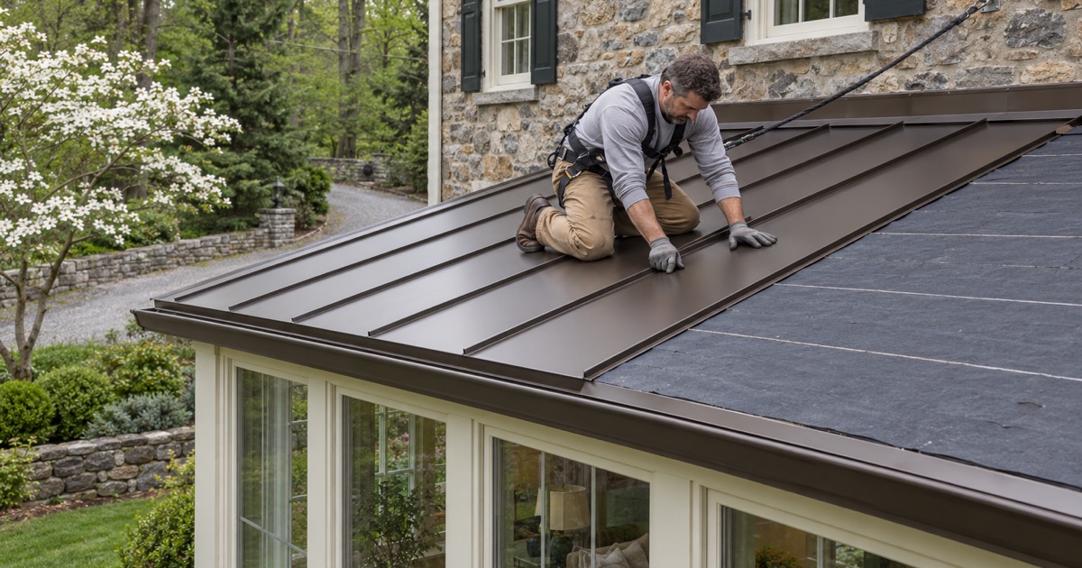 Standing-seam steel going on the low-pitch roof of a sunroom addition on a stone farmhouse-style house in Gladwyne, Lower Merion Township.