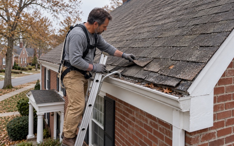 A roofer inspecting curled shingles and loose granules at the eave of a 1950s brick colonial in Overbrook Hills, Lower Merion Township.