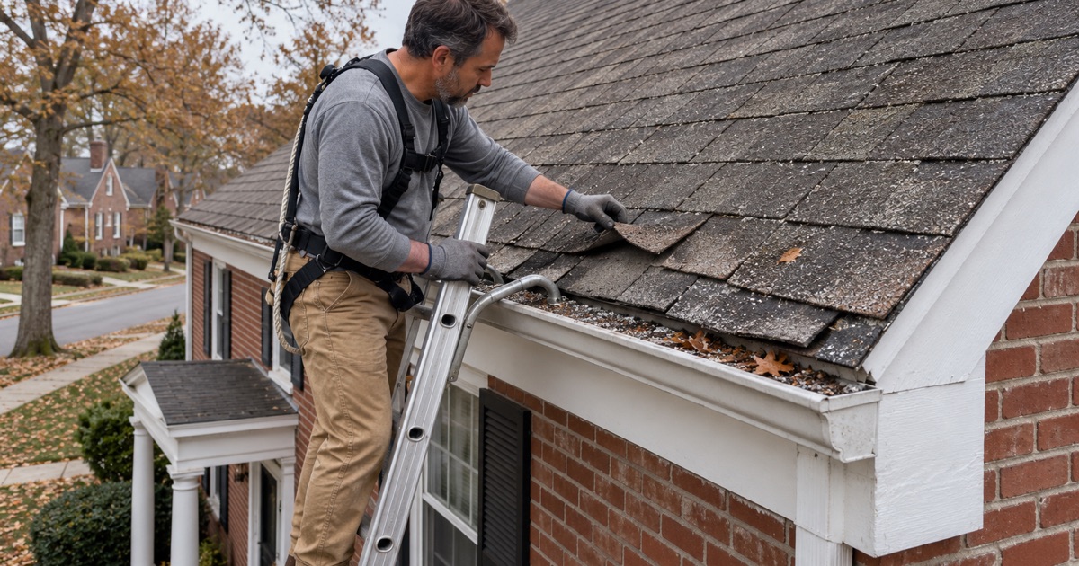 A roofer inspecting curled shingles and loose granules at the eave of a 1950s brick colonial in Overbrook Hills, Lower Merion Township.