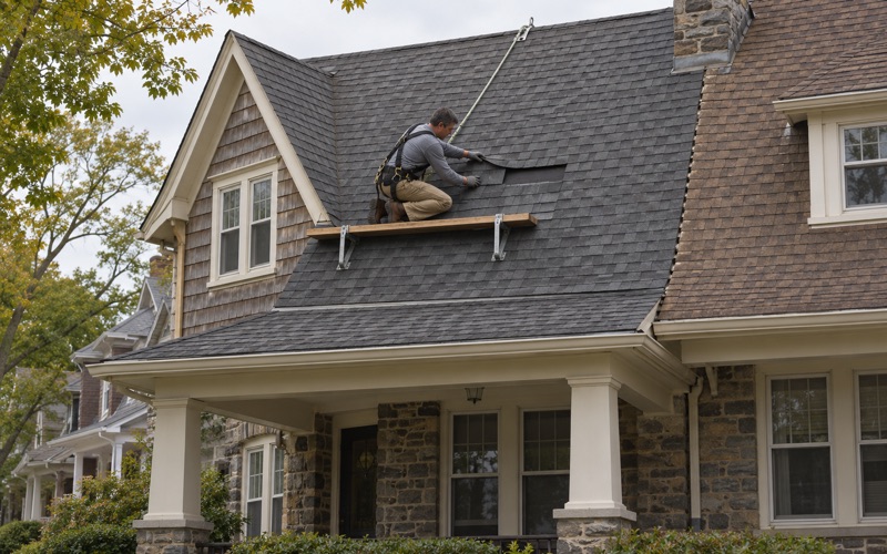 A roofer sliding a matched replacement shingle into a gap on the roof of a 1920s frame twin in Ardmore, Lower Merion Township.