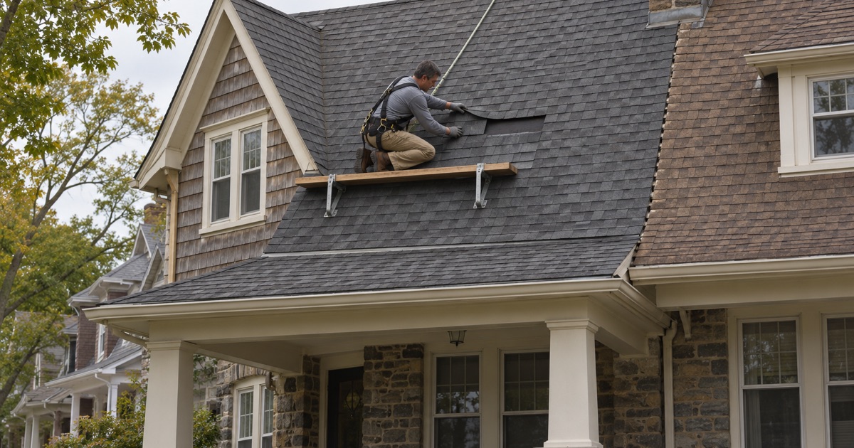 A roofer sliding a matched replacement shingle into a gap on the roof of a 1920s frame twin in Ardmore, Lower Merion Township.