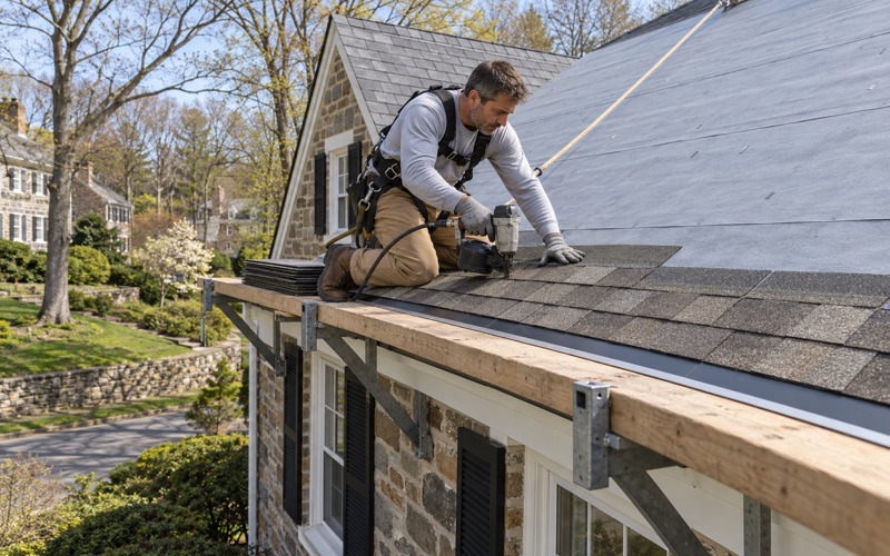 The first course of new shingles nailed in at the drip edge on a full roof replacement in Roseglen, Lower Merion Township.
