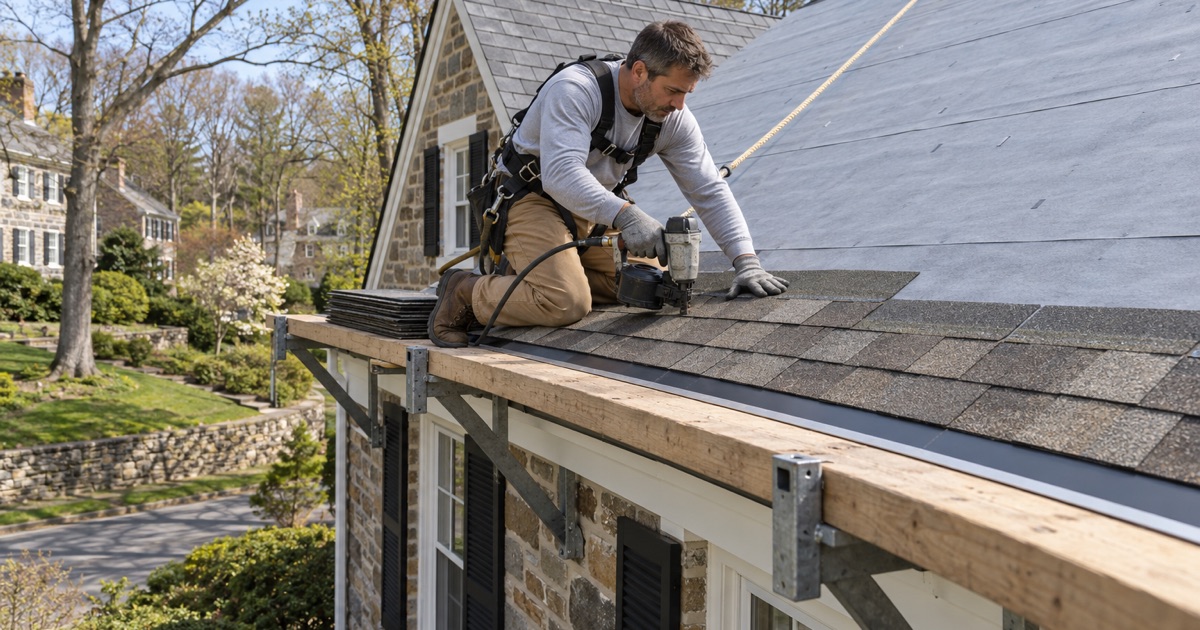 The first course of new shingles nailed in at the drip edge on a full roof replacement in Roseglen, Lower Merion Township.