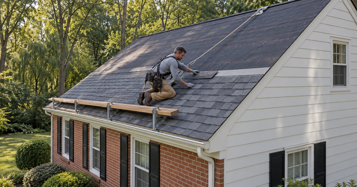 A like-for-like re-roof on an Aston house near the Chester Creek tree line, where the roof’s cost can count toward the floodplain test