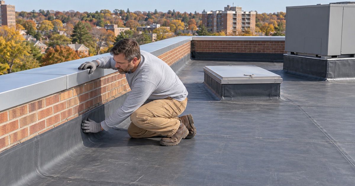 The coping along the parapet of a tall apartment building’s flat roof in Bala Cynwyd.