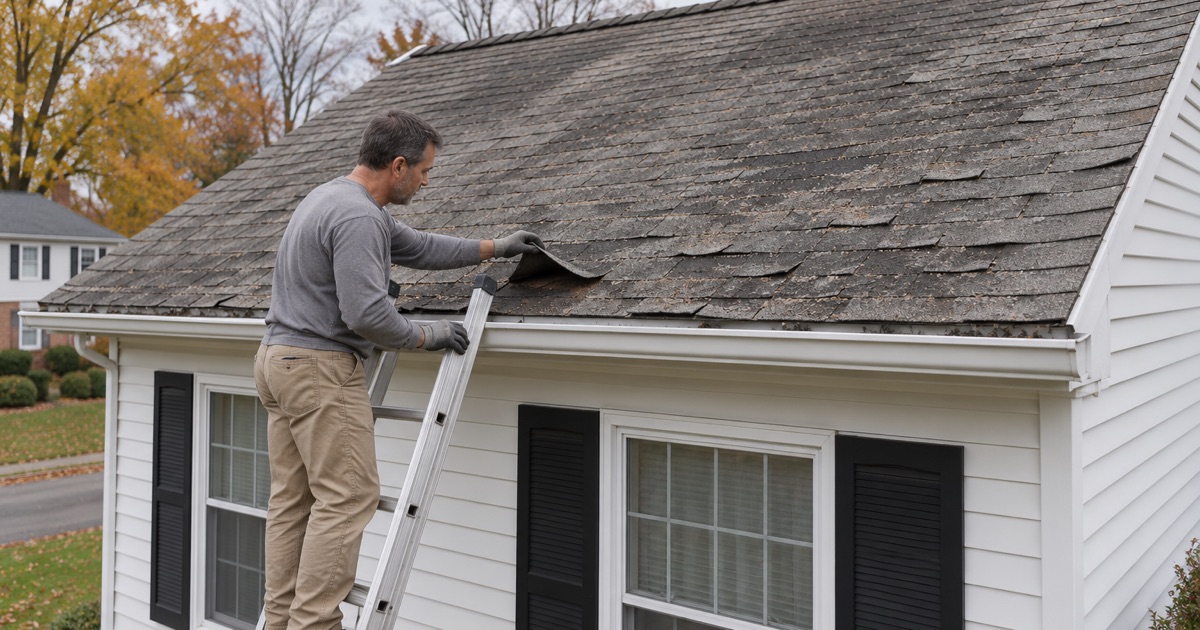 An aging asphalt roof with curled tabs on a Cinnaminson house, the signs that a roof has reached the end of its useful life