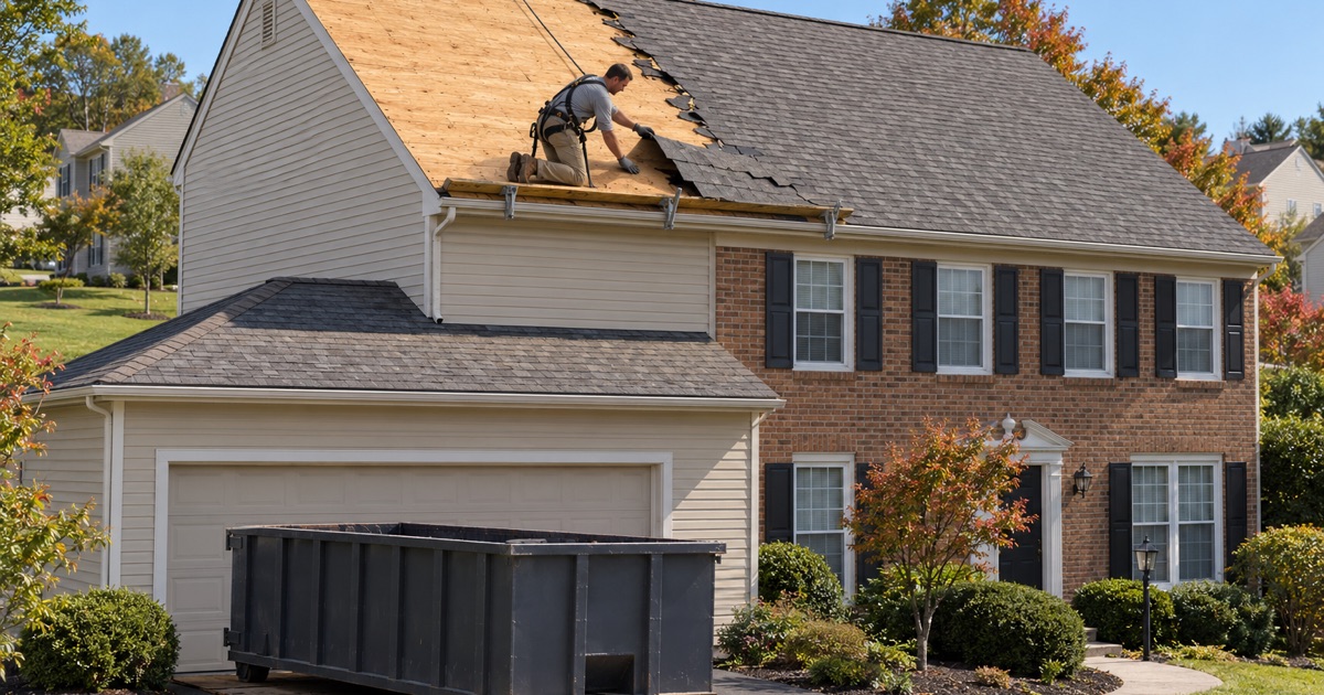 The original builder roof coming off a 1990s house in Concord Township for its first replacement