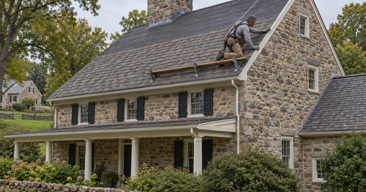 New shingle courses meeting the stone gable of an old fieldstone farmhouse in East Goshen Township.