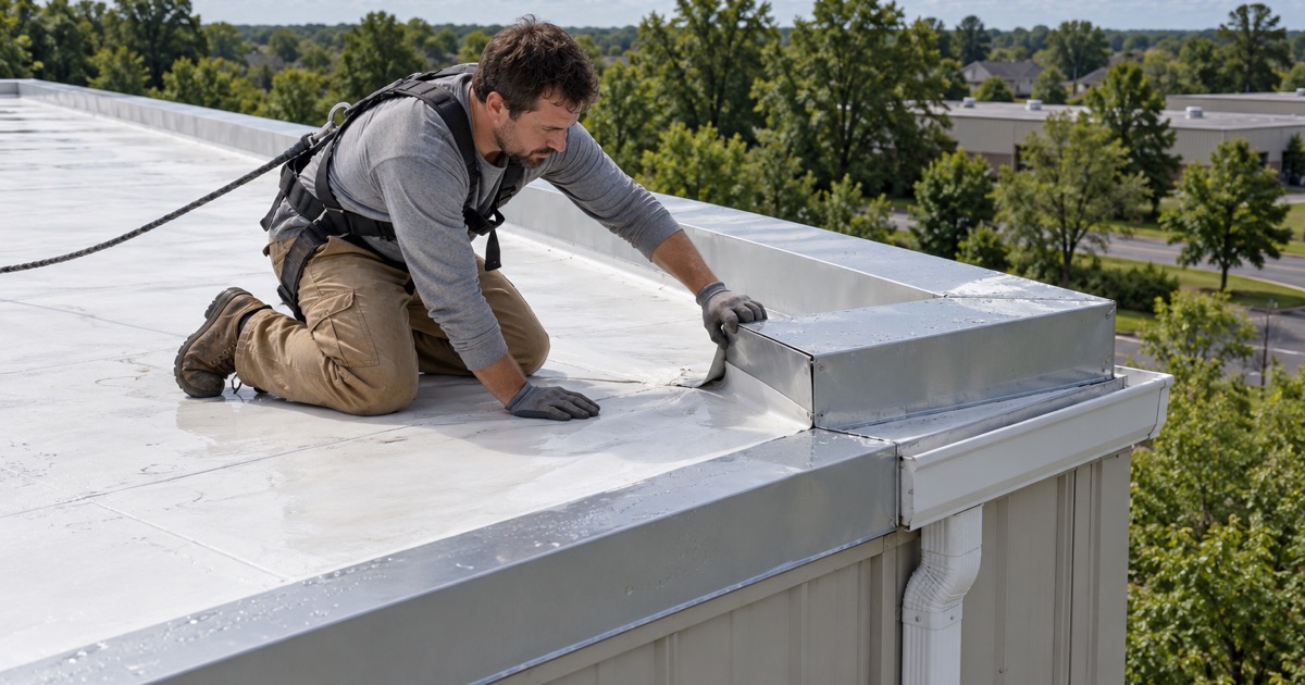 Edge metal being checked at the corner of a warehouse roof in East Norriton Township after a summer storm.