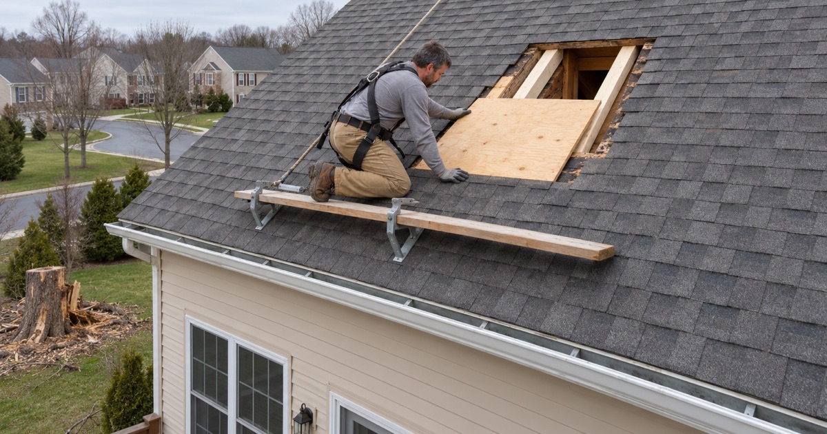 New plywood being slid into the opening left by a tree strike on a 2000s colonial in East Whiteland Township.