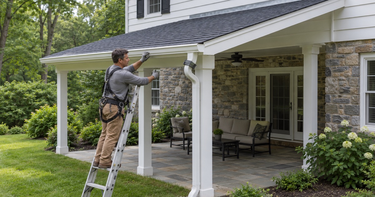 A new porch roof and its gutter on an Easttown house, the added roof area the Township Engineer reviews