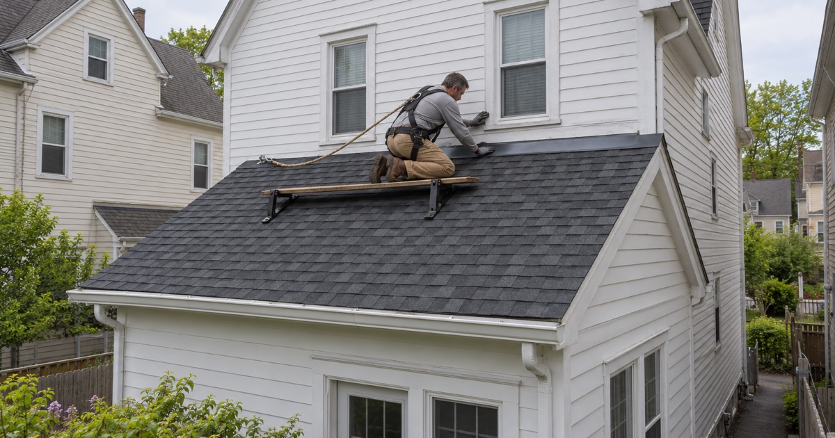 Apron flashing where a new rear addition’s roof meets the wall of a prewar house in Lansdale borough.