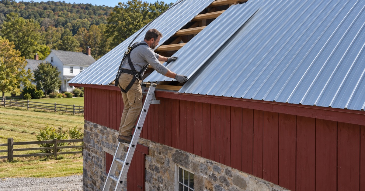 A roofer fastening ribbed steel on the roof of a bank barn in Milford Township, with the farmhouse beyond.