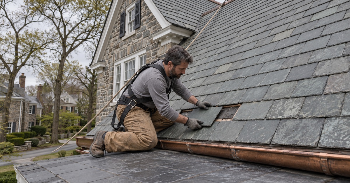 A deteriorated slate replaced with a close match on a Colonial Revival stone house in Overbrook Farms