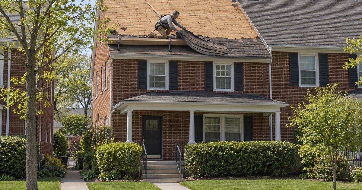 Two layers of old shingles coming off together on a 1940s brick twin in Penn Wynne.