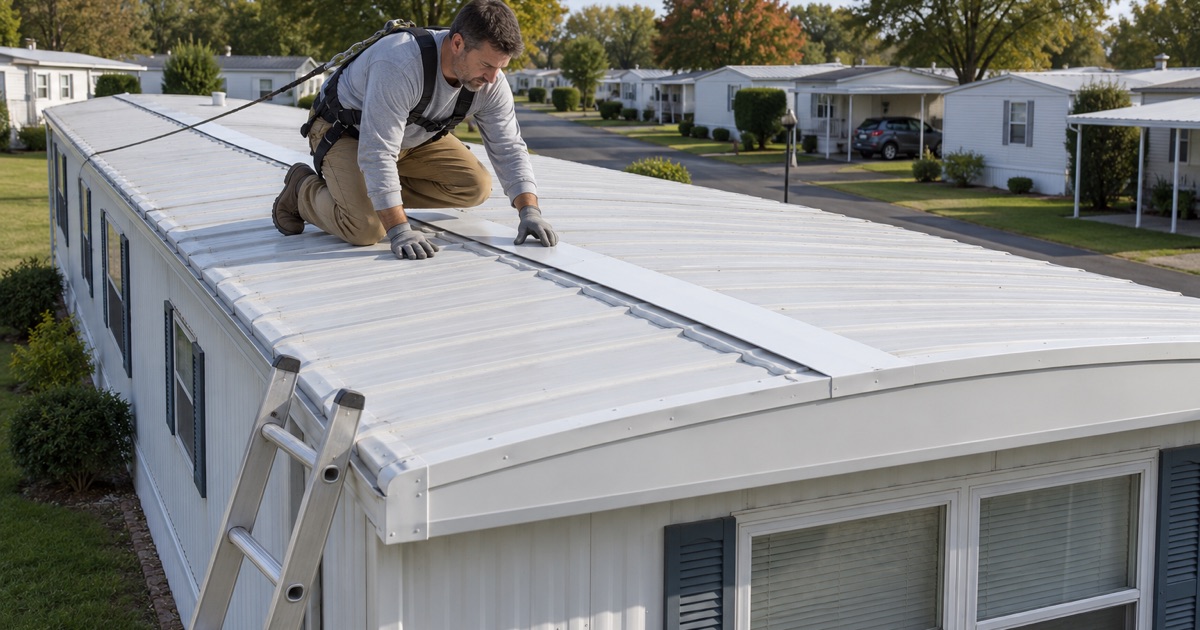 A seam cap going on the low metal roof of a single-wide manufactured home in Richland Township.