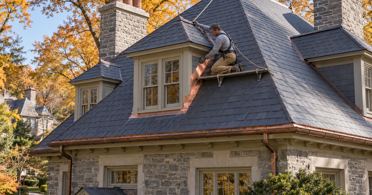 A roofer flashing a hipped dormer on the slate hipped roof of an old stone house in Rosemont.