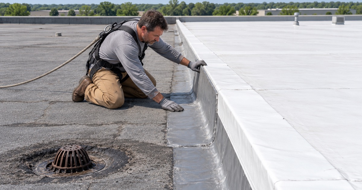 The curb where a new warehouse addition’s roof meets the existing roof in Towamencin Township.