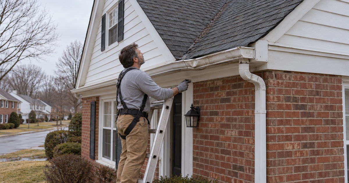 A roofer checking a downspout and the valley above it after a winter thaw on a house in Upper Chichester Township.