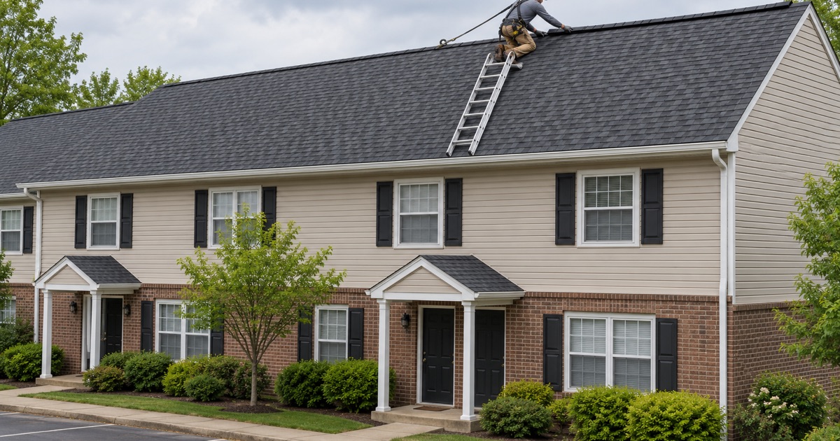 A ridge vent going on during a re-roof of a 1980s two-story condominium building in Upper Southampton.
