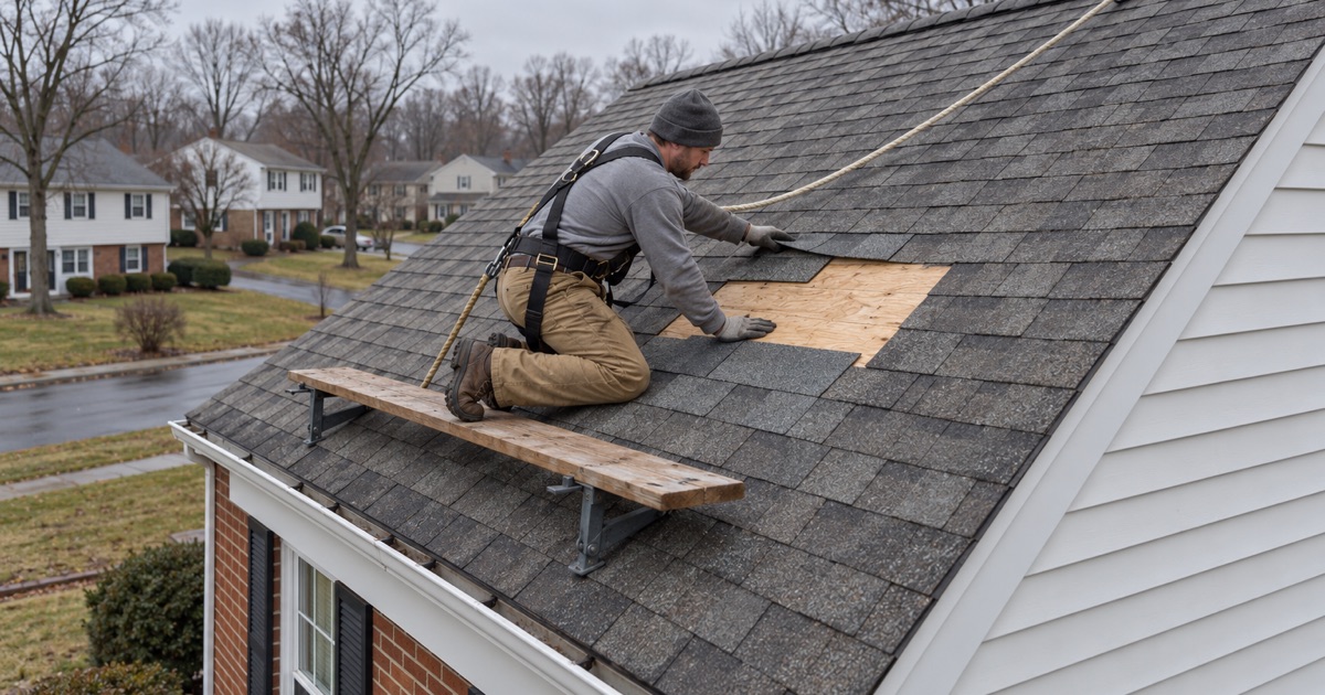 New shingles closing over the spot where a wind-damaged chimney was taken down on a West Norriton house.