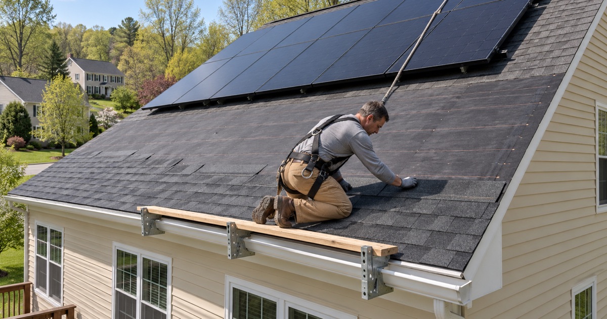 New shingles going in below an existing solar array during a re-roof in Westtown Township.