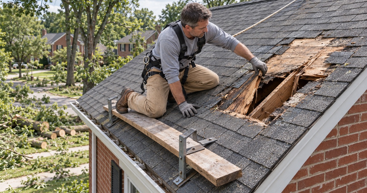 A cracked deck board under the shingles where a big limb hit a 1950s colonial in Wynnewood.