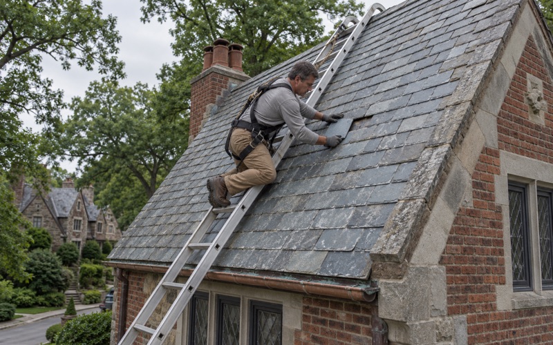 A roofer sliding a replacement slate into place from a roof ladder on a 1920s Tudor Revival house in Bryn Mawr, Lower Merion Township.