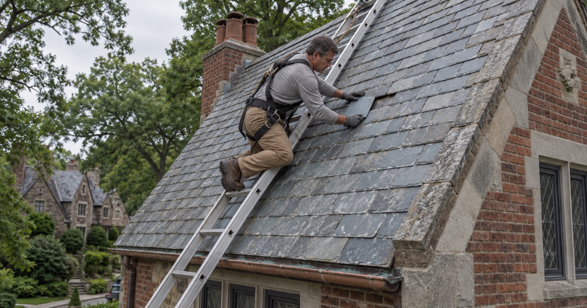 A roofer sliding a replacement slate into place from a roof ladder on a 1920s Tudor Revival house in Bryn Mawr, Lower Merion Township.